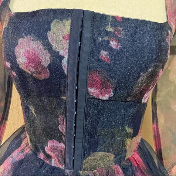 NWOT Lulus Lovely Idea Navy Blue Floral Three-Quarter Sleeve Skater Dress - Picture 5 of 12